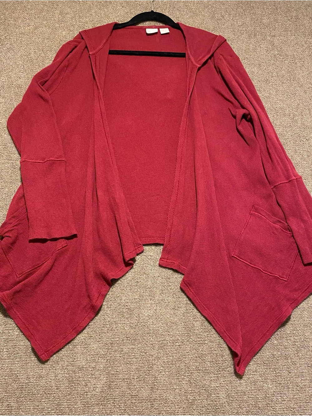 Chico’s Zenergy Burgundy Hooded Open Front Waffle Knit Cardigan Sz 3 XL